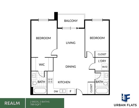 Floor plan for 2 beds, 2 baths, 789 sqft